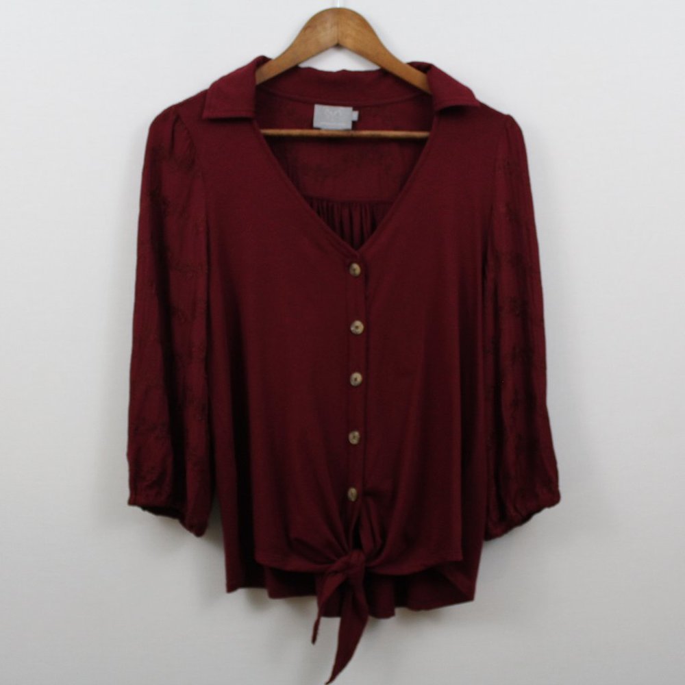 Vanessa Virginia Burgundy Button Down Top